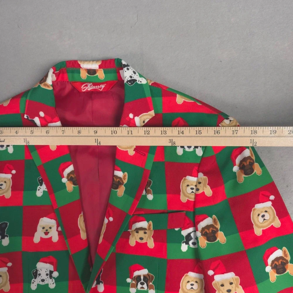 Shinesty Mens Holiday Dog Blazer Red Green Christmas Santa Hat Jacket Size 36‎